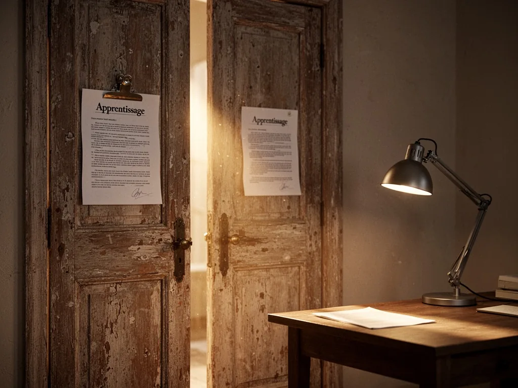An aged wooden door slightly ajar, warm golden light streaming through, a document labeled 'Apprentissage' clipped to th