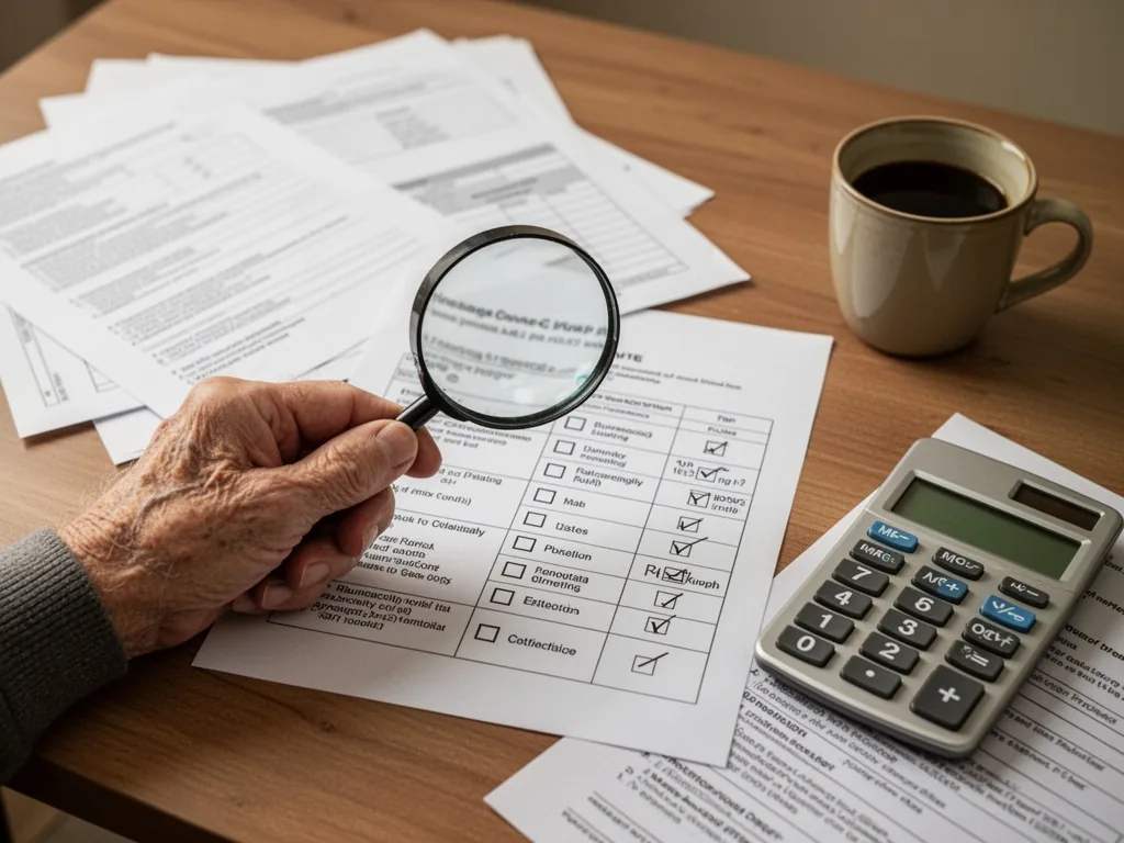 A senior's hand holding a magnifying glass over a grid of bureaucratic checkboxes on a form, scattered papers, a calcula