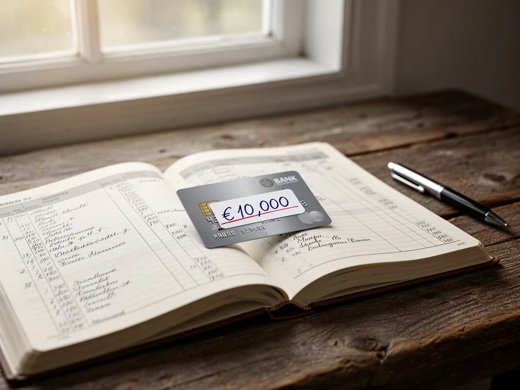 A bank card with a handwritten '€10,000' balance sticker placed on an open ledger book, soft morning light from a window