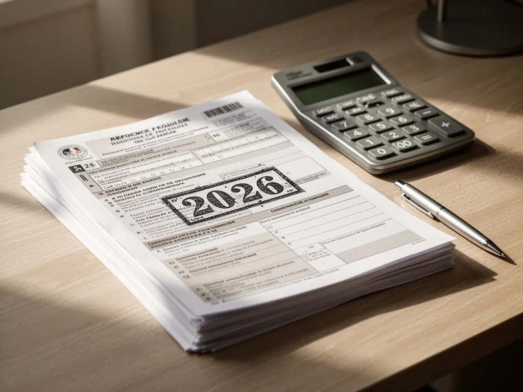 A stack of official French tax forms with a bold 2026 date stamp, a silver calculator and pen beside it, on a light wood
