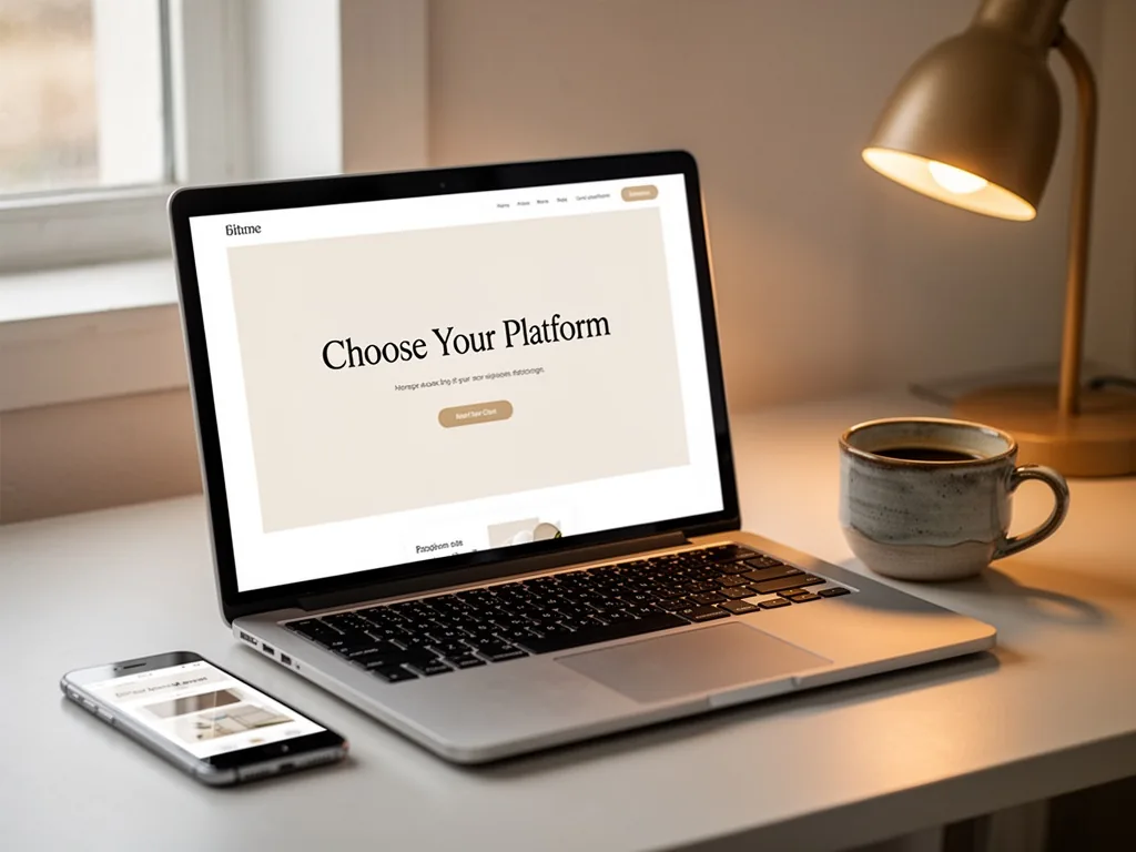 A laptop screen displaying a clean minimalist website design with a 'Choose Your Platform' banner, a smartphone and cera
