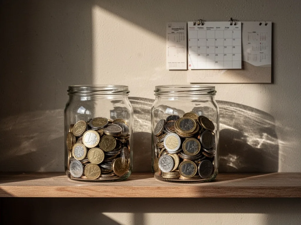 Two glass jars filled with different amounts of euro coins on a wooden shelf, morning light casting shadows, minimalist