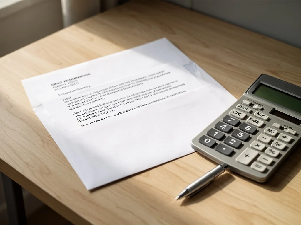 A white envelope with a typed termination letter partially visible, a calculator with raised buttons, a silver pen on a