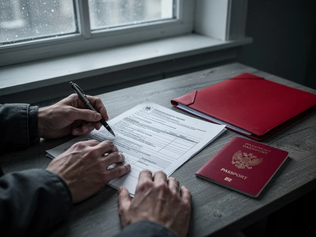 A pair of hands holding a pen over a registration form on a wooden desk, Swiss passport beside a red folder, grey daylig
