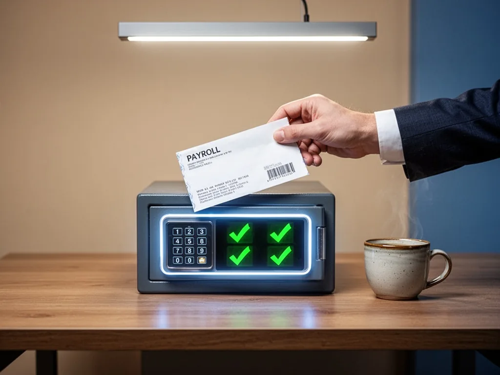 A manager's hand placing a white payroll envelope onto a glowing digital safe screen showing green checkmarks, soft over