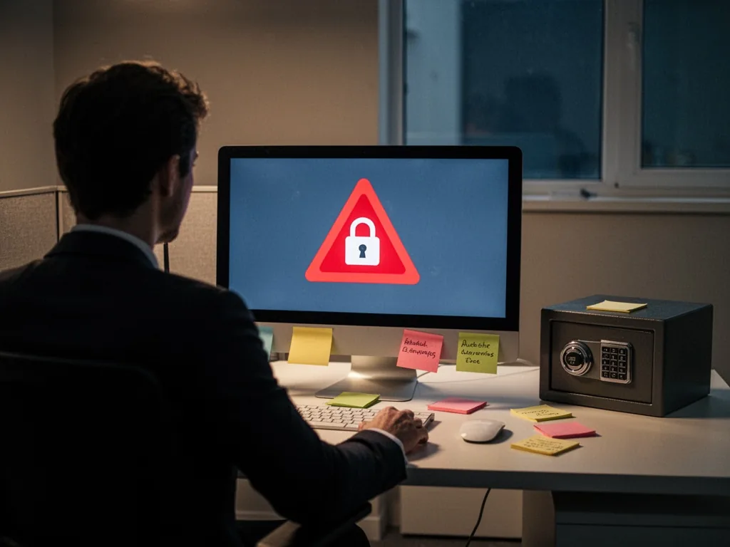 A person's silhouette in dim office light facing a computer monitor with a red warning triangle and locked padlock icon,