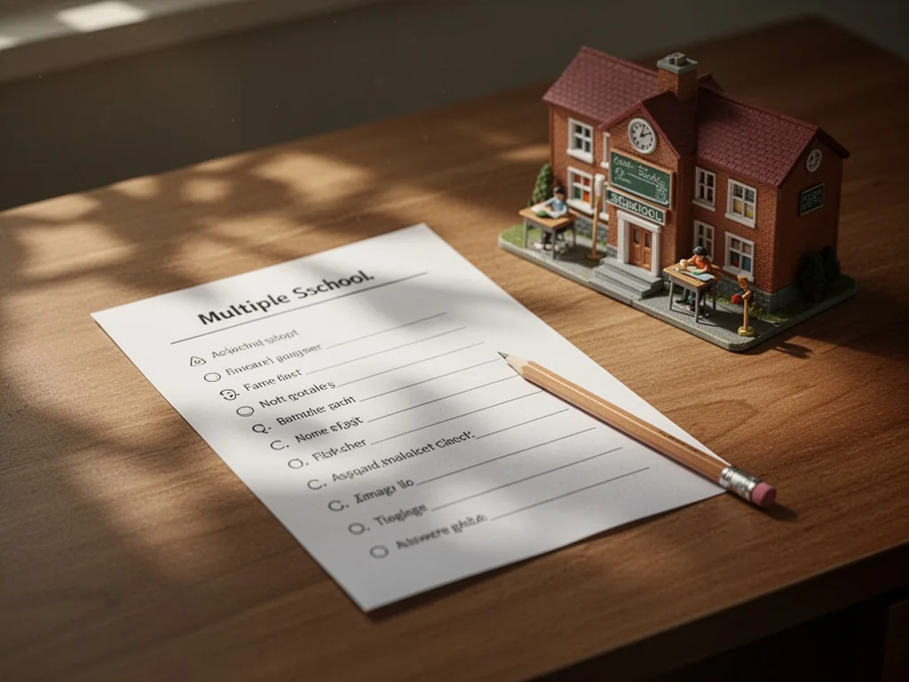 A wooden desk surface with a multiple-choice answer sheet and pencil, beside a miniature toy school scene, dappled shado