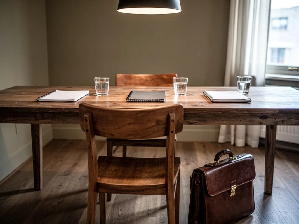 An empty wooden chair facing a long table with three notebooks and water glasses, a briefcase on the floor, soft dayligh