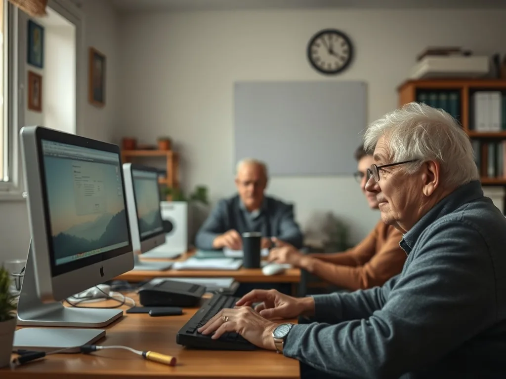 Un senior et un formateur côte à côte devant un ordinateur portable, dans un salon lumineux, en train de travailler sur la navigation internet.