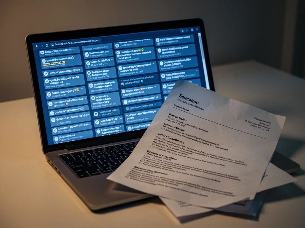A laptop screen showing a dense grid of spam email notifications, a single paper resume partially covered by the laptop,