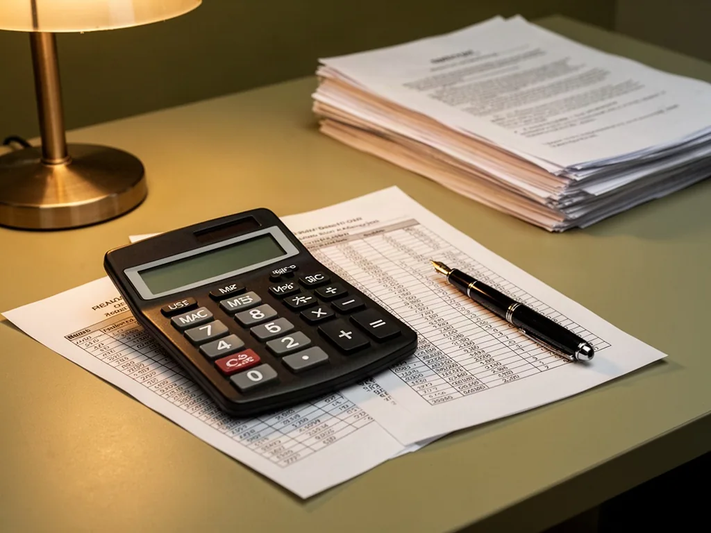 A black calculator with printed paper tables and a fountain pen on a clean desk, legal documents stacked in background, 