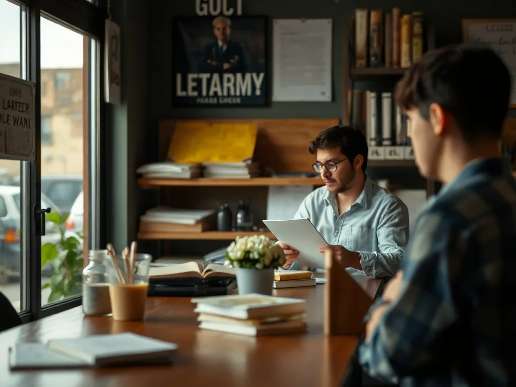 Illustration d’une personne en reconversion professionnelle, stylo en main, devant une lettre de motivation, un CV et un ordinateur portable, symbolisant la préparation d’une candidature réfléchie.