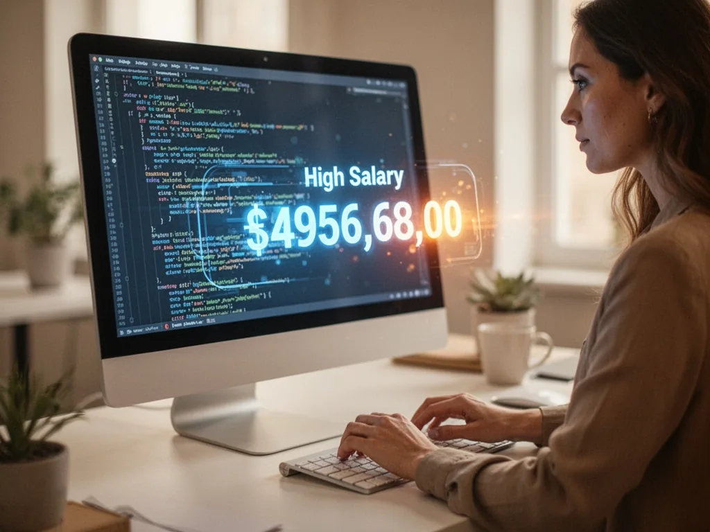 A computer monitor glowing with code and a high salary figure overlay, a woman's hands typing on a keyboard, soft blue a