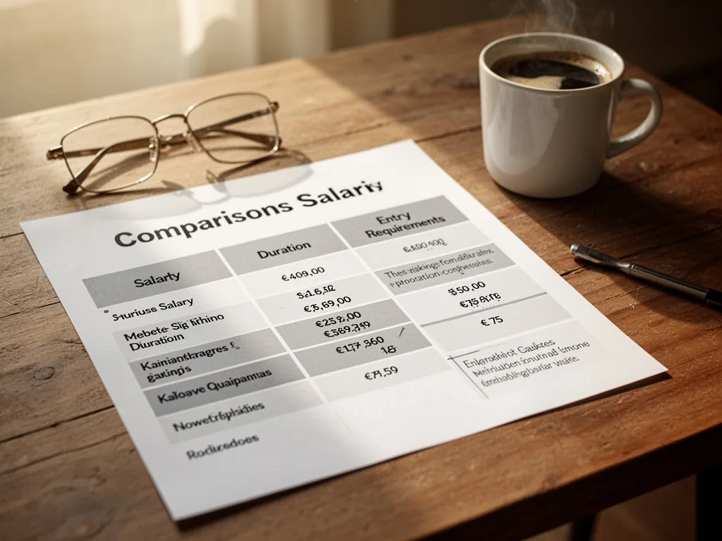 A wooden table with a printed comparison chart listing salaries, durations, and entry requirements, a coffee cup and gla