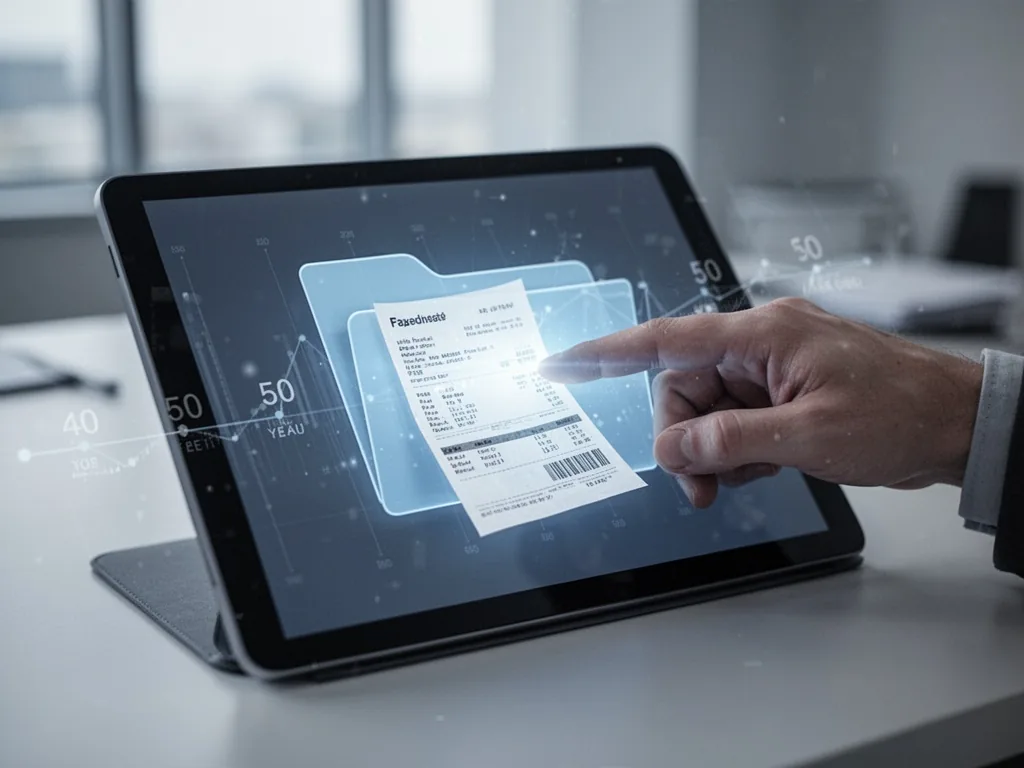 A hand clicking a digital folder icon on a tablet screen, a glowing payslip visible inside, a faint 50-year timeline ove