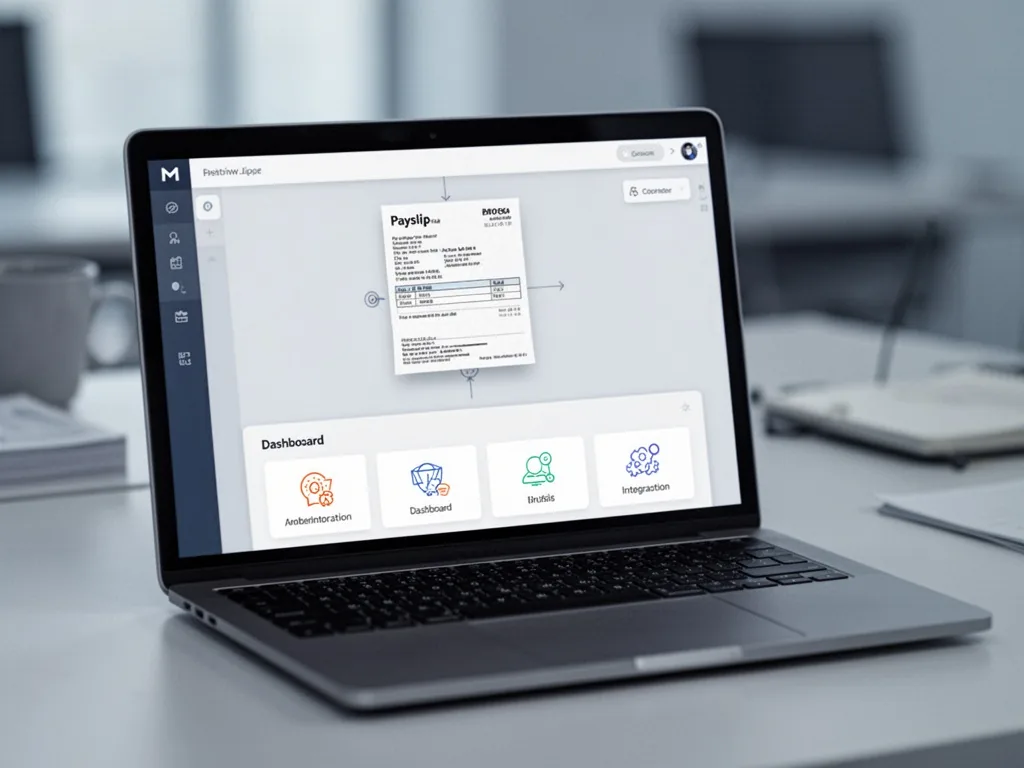 An employer's laptop screen showing a drag-and-drop interface with a payslip file, a dashboard with integration icons be