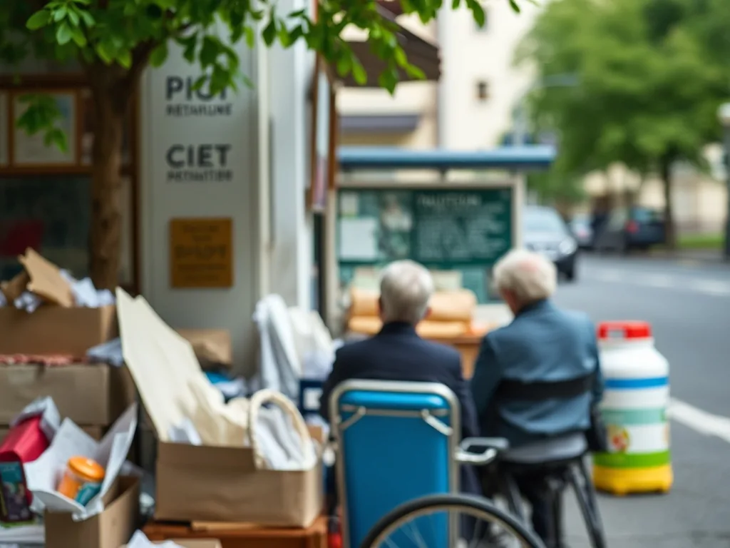 Illustration d'un salarié de plus de 60 ans partageant son temps entre travail à temps partiel et début de retraite, avec des dossiers administratifs en arrière-plan.
