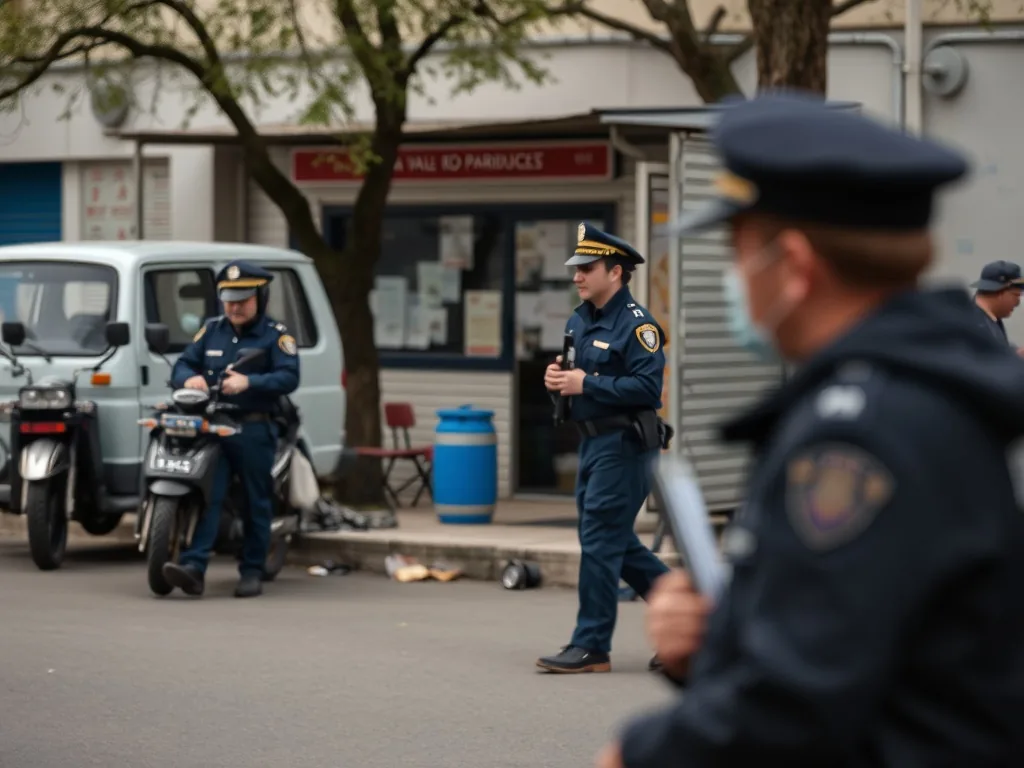 Un policier de la BAC en tenue d’intervention, gilet pare-balles, observant une rue.